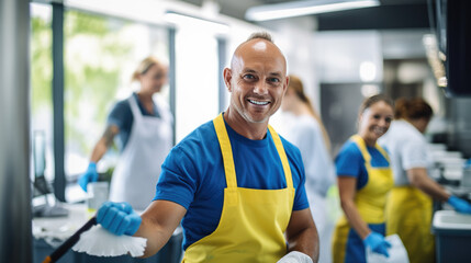 Smiling man in a cleaning service uniform with colleagues in the background, indicating a professional cleaning team at work. - Powered by Adobe