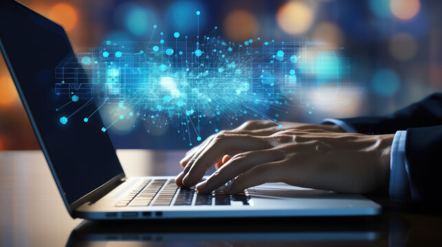 Person is using a laptop with a futuristic blue cyber network graphic overlay