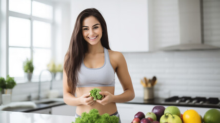 Smiling woman in athletic wear, standing in a bright modern kitchen with an assortment of colorful fresh fruits and vegetables on the countertop.