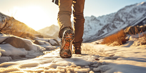 tourist walk through the mountainous terrain in winter created with Generative Ai