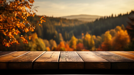 Wooden table blur background of lake with rustic view  mountain autumn forest Exuberant image Landscape Scene_ AI Generated