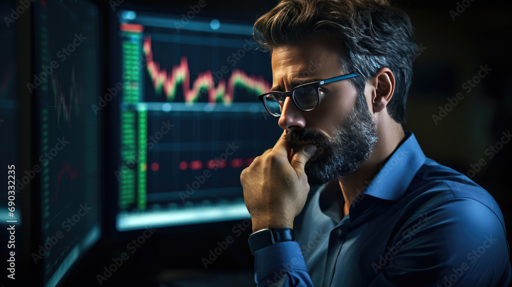 Poster focused man with a beard and glasses, studying stock market data on multiple computer monitors, refl