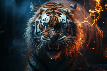 A tiger with stripes made of lightning.