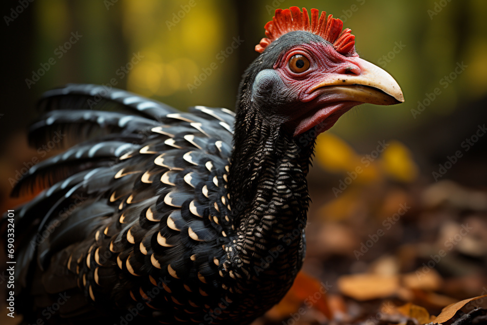 Aufkleber a crested guan with its distinctive punk-like crest, foraging on the forest floor for fallen fruits.
