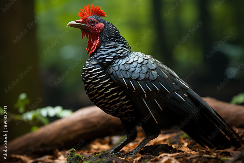 Aufkleber a crested guan with its distinctive punk-like crest, foraging on the forest floor for fallen fruits.