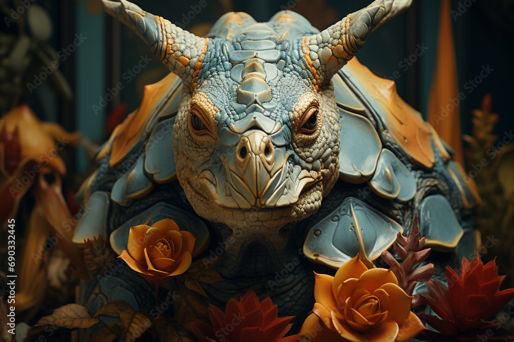 Poster A surrealist image of a hybrid animal, created by combining features of several endangered species in a single creature, representing the importance of preserving genetic diversity.