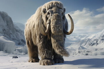 A photorealistic render of a majestic woolly mammoth standing in a snowy landscape, with long tusks and shaggy fur.