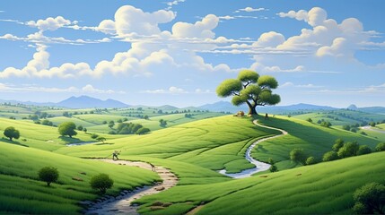 A peaceful countryside scene unfolds with rolling green hills and a winding path that disappears into the distance.