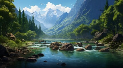 A peaceful river cuts through a dense forest, surrounded by majestic mountains. 