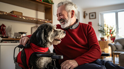 Joyful elderly man in a wheelchair, and a fluffy dog at home