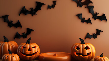 Product display podium with halloween sceme and pumpkins head, bat background. 3D rendering