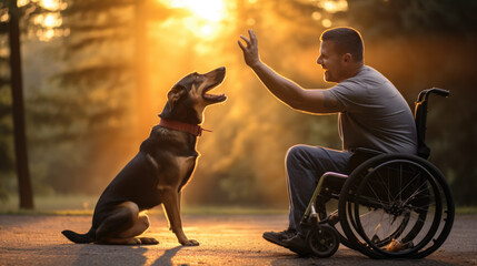 Man in a wheelchair and a service dog sitting beside him, engaging in a moment of connection in a sunlit park. - obrazy, fototapety, plakaty