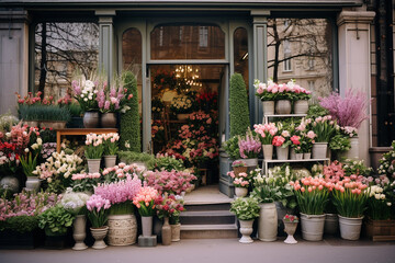 Fototapeta na wymiar Cozy street with flower shop, beautiful flower shop with spring flowers