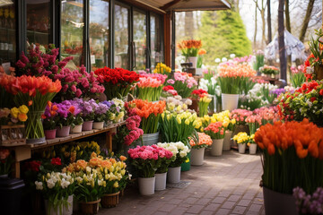 Fototapeta na wymiar Cozy street with flower shop, beautiful flower shop with spring flowers