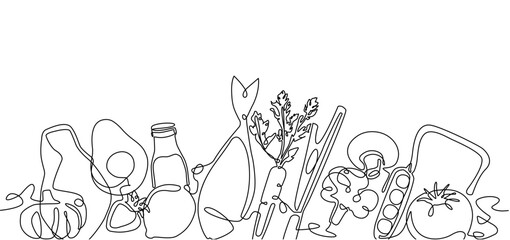 Groceries shopping. illustration with food in continuous line drawing style.  Vector background with vegetables, fruits, greens, meat, fish, toaster bread, beverage.