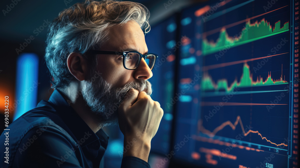 Poster focused man with a beard and glasses, studying stock market data on multiple computer monitors, refl