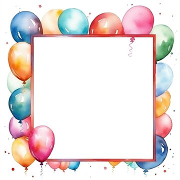 Vibrant watercolor illustration featuring a colorful frame of festive party balloons