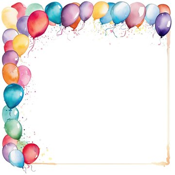 Vibrant watercolor illustration featuring a colorful frame of festive party balloons