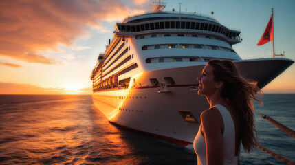 Happy tourist woman standing in front of big cruise ship, woman on trip.2 - 690334415