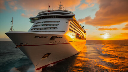 Naklejka premium Cruise near the pier at sunset, side view. Summer vacation, travel, adventure.