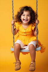 Happy smiling child girl sitting on a swing and having fun