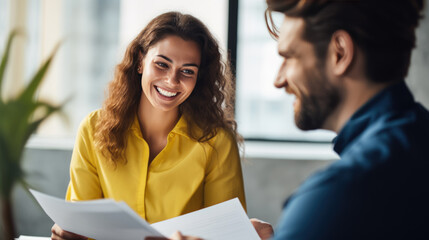 A man and a woman carefully read contracts on slips of paper