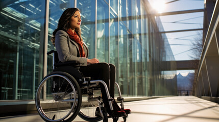 Fototapeta na wymiar Confident woman in a wheelchair, smiling while navigating a sunny urban setting with modern buildings and reflective glass in the background.