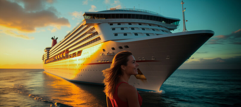 Happy Tourist Woman Standing In Front Of Big Cruise Ship, Woman On Trip.