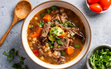 Capture the essence of Beef Barley Soup in a mouthwatering food photography shot Generative AI