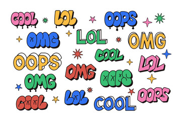 Retro sticker set with lettering in 90s style and stars. Hand drawn lettering in bubble, street style graffiti and 2000s style. Words Cool, Omg, Oops, Lol. Ideal for stickers, design element, pattern