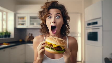 Woman with an exaggerated expression of surprise and excitement, her mouth wide open as she holds a large hamburger, ready to take a bite - obrazy, fototapety, plakaty