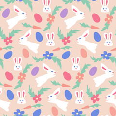 Easter holiday seamless pattern with bunnies and eggs. Hand drawn elements in childish cut out style on peach background. Trendy print design for textile, wallpaper, interior decoration