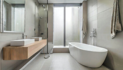 Modern Interior of bathroom with a shower area and bathtub on the background foggy window