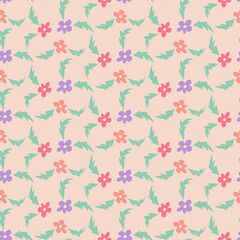 Spring childish seamless pattern with flowers. Hand drawn elements in childish cut out style on peach background. Trendy print design for textile, wallpaper, interior decoration