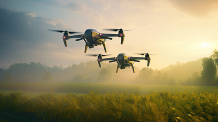 Drones flying over a golden wheat field at sunrise, with a serene rural landscape in the background. - obrazy, fototapety, plakaty