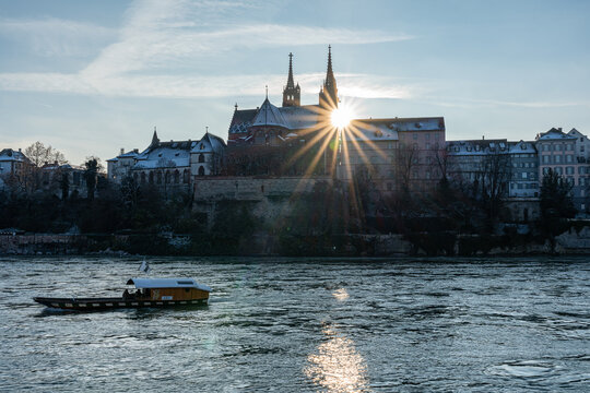 beautiful winter day in Basel. View over the Rhine with the M&uuml;nster in the back. 