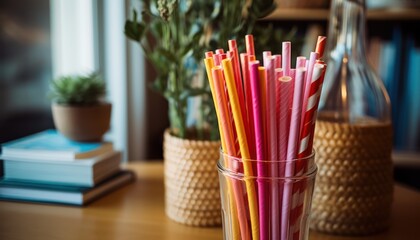 A Glass Filled with Pink and Yellow Straws