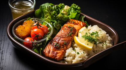 Food top view photography of a Lunch box containers with grilled salmon fish fillet, cheese bowl and salad