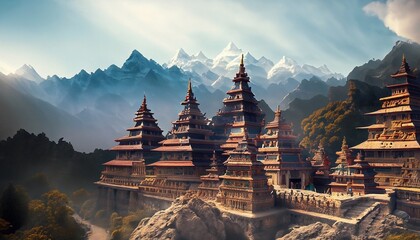 monastery towers in tibet suitable as background or banner - obrazy, fototapety, plakaty