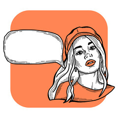 Beautiful young woman talk. Empty speech bubble for sale promotion, text background, quotes. Hand drawn illustration, cartoon comic style.