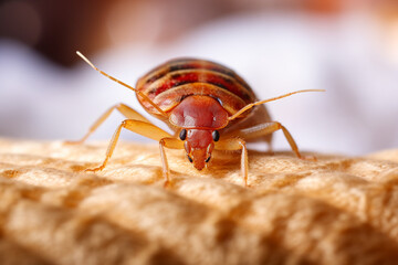 Bedbug Close up of Cimex hemipterus - bed bug on bed background created with Generative Ai