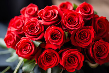Valentine's day roses for a gift, romantic. Natural fresh red roses flowers. Top view, Red rose flower wall background.