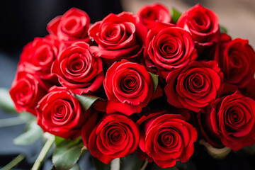 Obraz premium Valentine's day roses for a gift, romantic. Natural fresh red roses flowers. Top view, Red rose flower wall background.