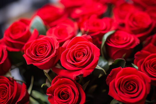 Valentine's day roses for a gift, romantic. Natural fresh red roses flowers. Top view, Red rose flower wall background.