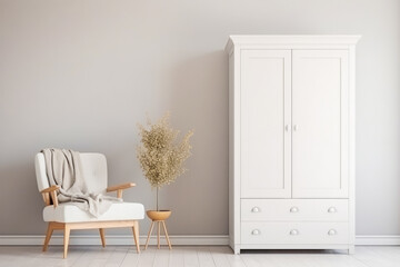 White wooden wardrobe in scandinavian style interior design of modern bedroom, combining functionality and aesthetics.
