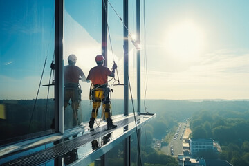 Company for cleaning skyscrapers. Industrial climbers wash windows on huge residential building. Working at height requires skills and abilities. - obrazy, fototapety, plakaty