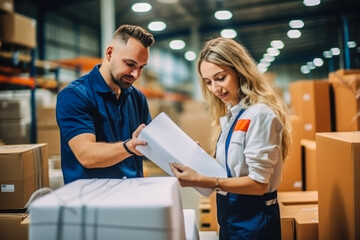 Woman and man working in paper factory, recycling paper, sustainable paper printing industry. Having small ecological business. Producing newspaper.