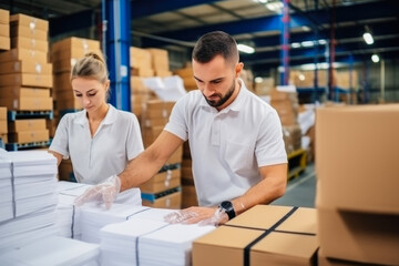 Fototapeta premium Woman and man working in paper factory, recycling paper, sustainable paper printing industry. Having small ecological business. Producing newspaper.