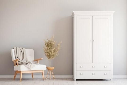 Fototapeta White wooden wardrobe in scandinavian style interior design of modern bedroom, combining functionality and aesthetics.