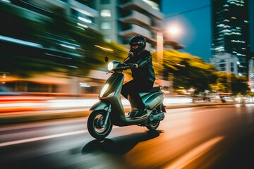 Person driving scooter in evening with blurred city lights background. Guy in helmet while riding a...